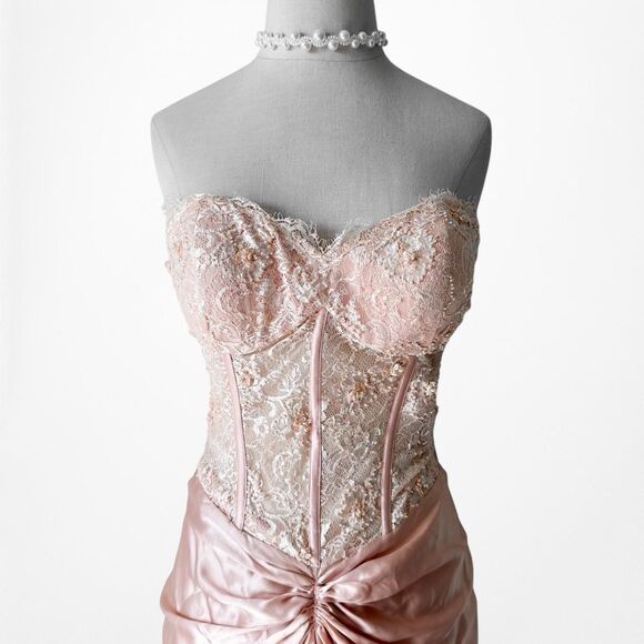 Vintage Silk Blend Pink Strapless Floral Beaded Lace Maxi Prom Dress Size M - Picture 5 of 8